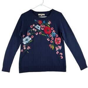 Loft Embroidered Floral Sweater Women’s Medium Navy Blue Feminine Flower Artsy